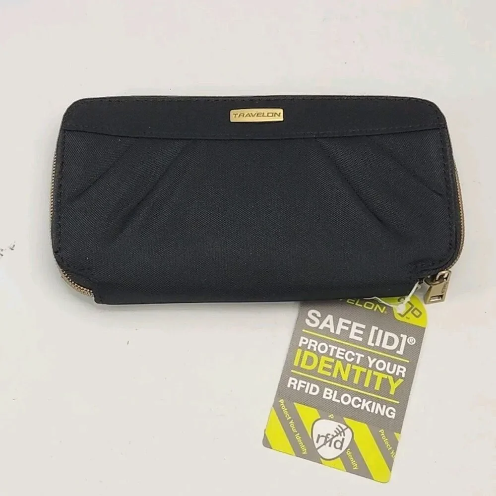 Travelon Wallet Wristlet Black Nylon 7.5x4 Card Organizer Coin Zip RFID NEW